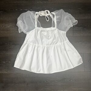 Tuckernuck Pomander Place‎ Tinsley Tulle Top White Peplum Puff Sleeve Babydoll M